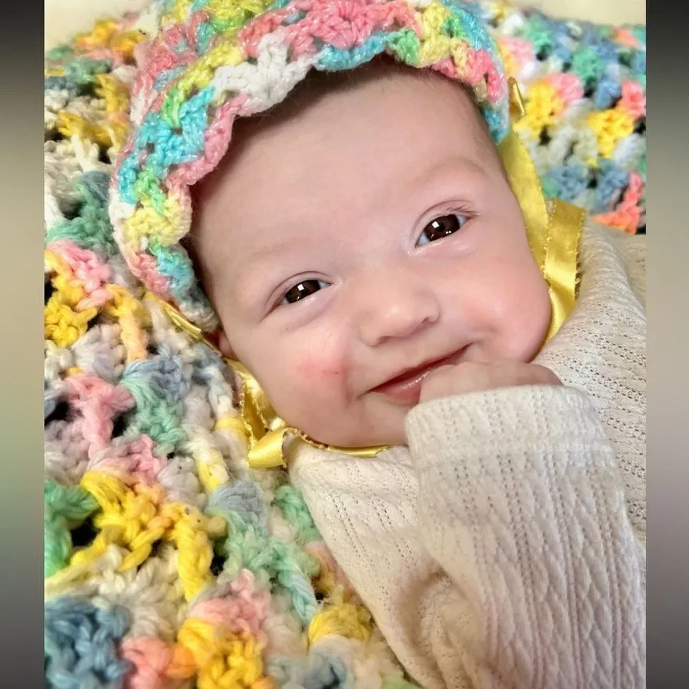 Vintage Handmade 1960s 1970s Rainbow Pastel Crochet Knit Baby Blanket & Bonnet
